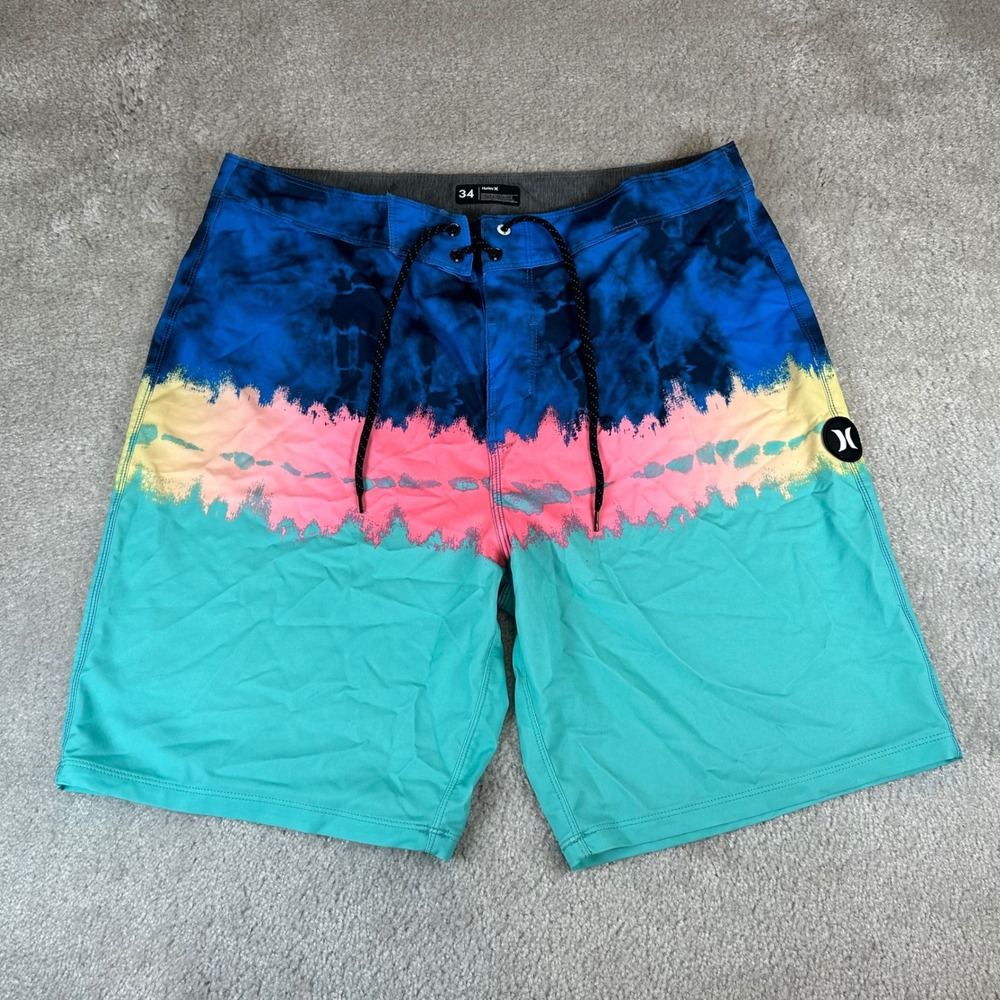Hurley Board Shorts Mens 34 Blue Pink Teal Tie Dye Stripe Surf Swim Trunks